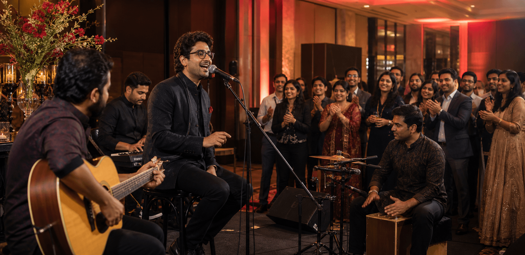 Indian musicians performing for a happy corporate event audience