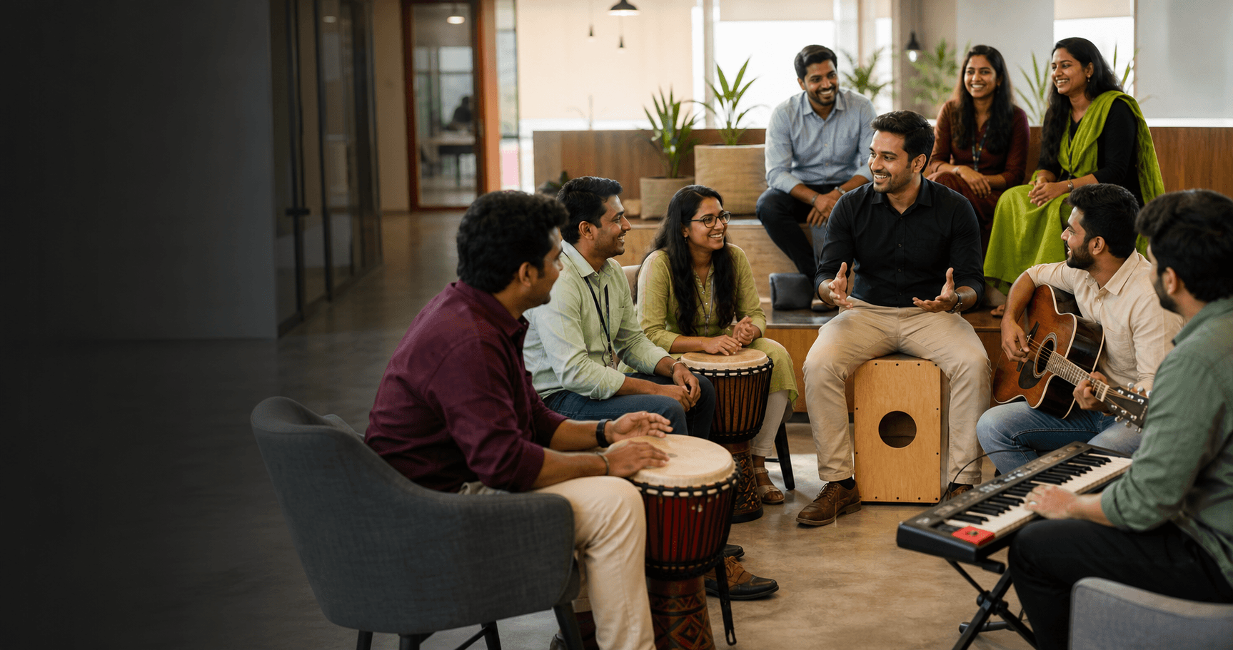Happy Indian colleagues making music together in a workplace rhythm workshop