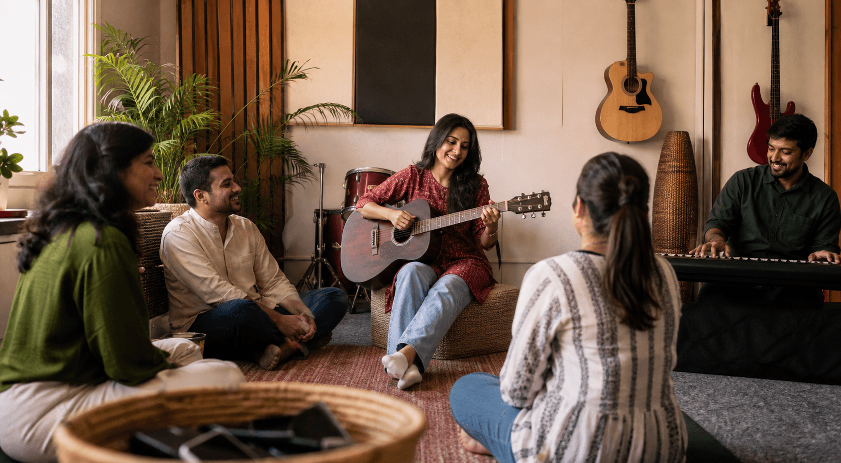 Indian employees relaxing together in a phone-free music class