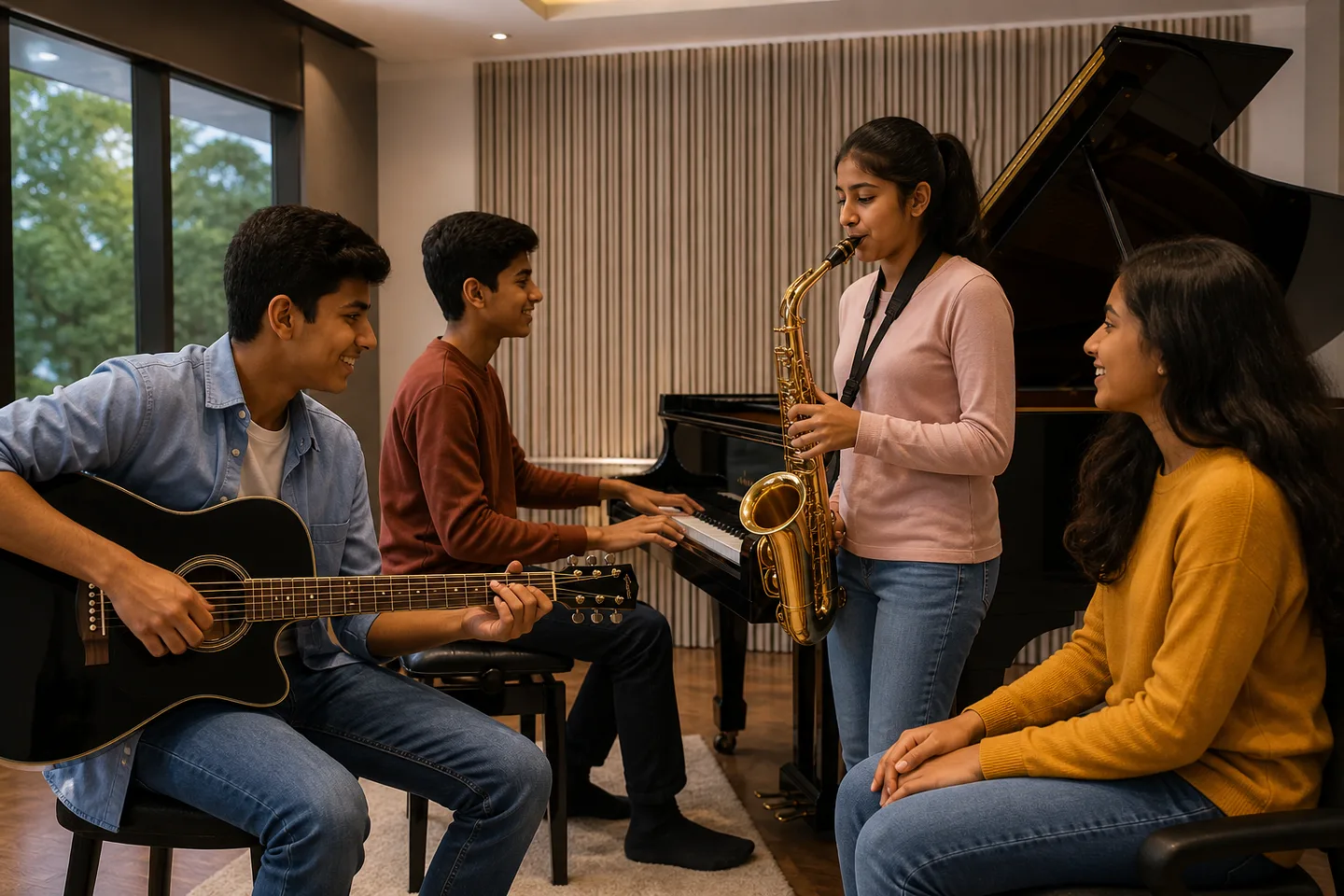 Indian teenagers exploring piano, guitar and saxophone in Anna Nagar