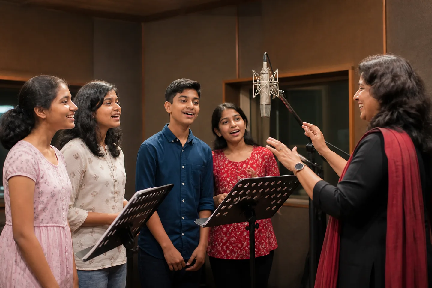 Indian teenagers rehearsing harmonies with a choir conductor