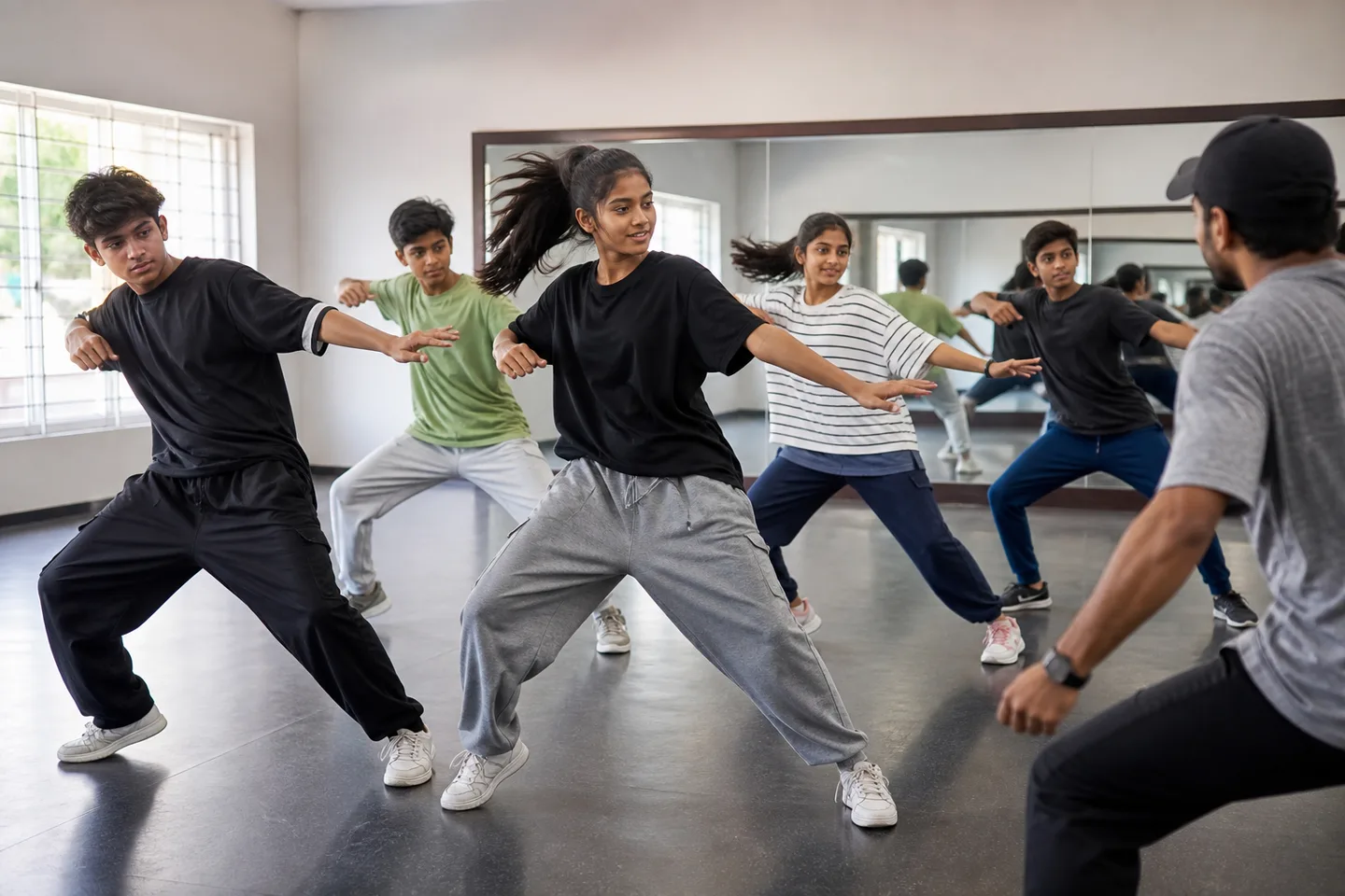 Indian teenagers learning hip-hop dance in a studio