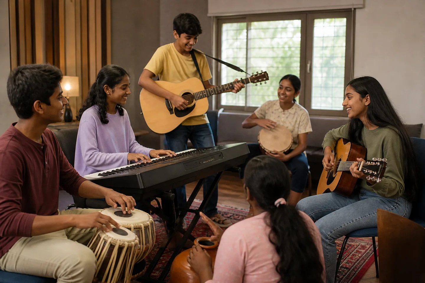 Indian learners making music together in class