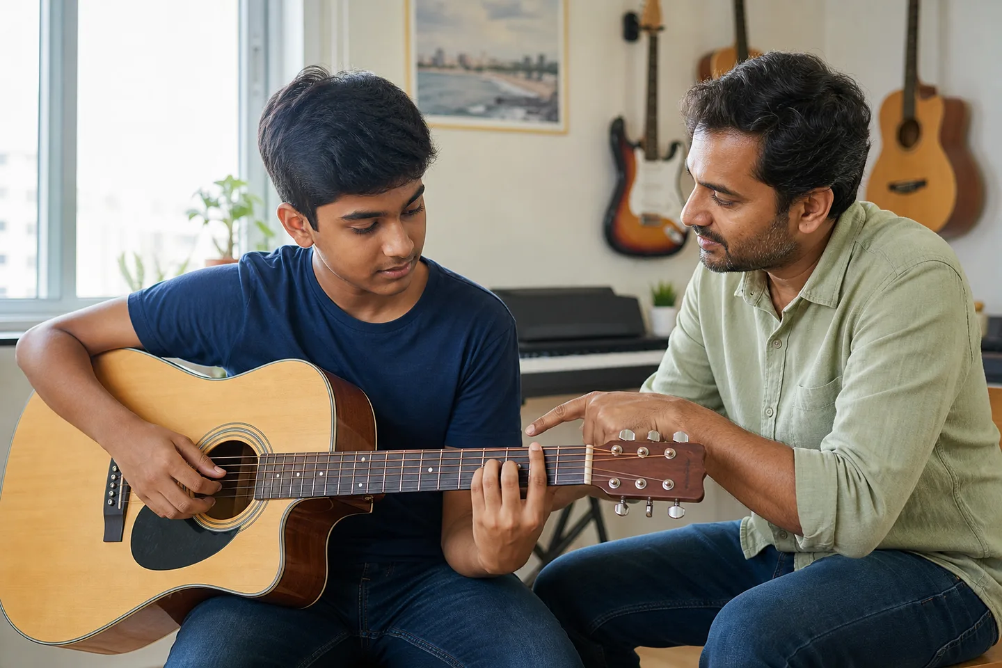 Indian teenage learner practising an acoustic guitar chord