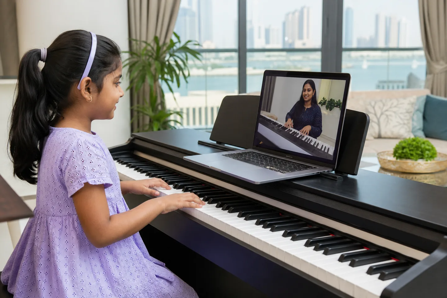 Indian child attending a live online piano lesson from a Gulf family home
