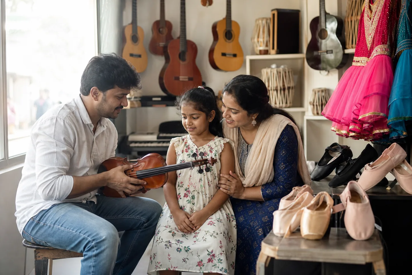 Indian parent and child choosing music and dance classes in Kattupakkam
