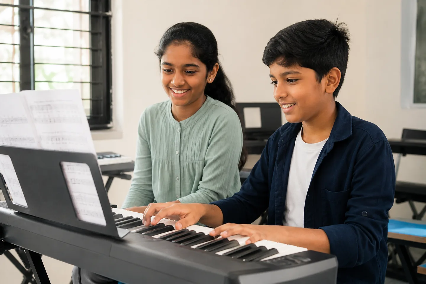 Indian children learning together at an electronic keyboard