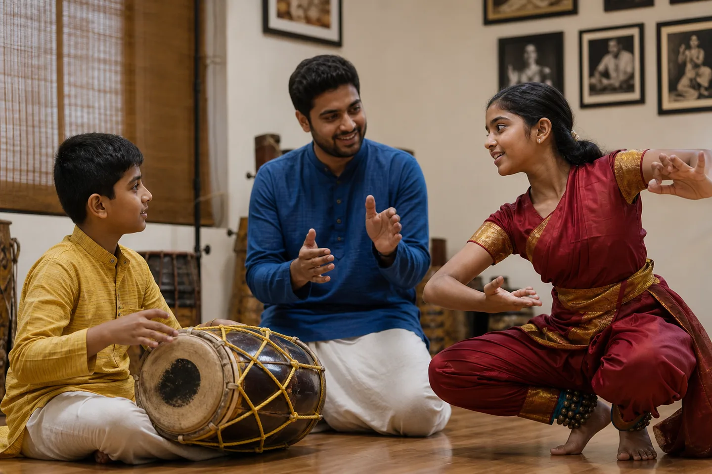 Indian children sharing drum and dance practice in Perumbakkam