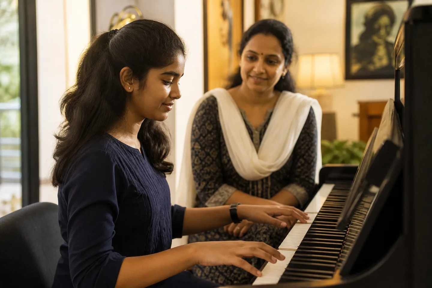 Indian teenage learner taking a piano lesson with her teacher