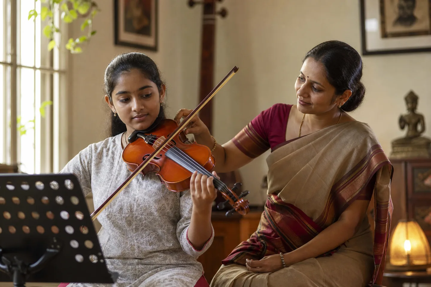 Indian teenage violin learner in a guided lesson