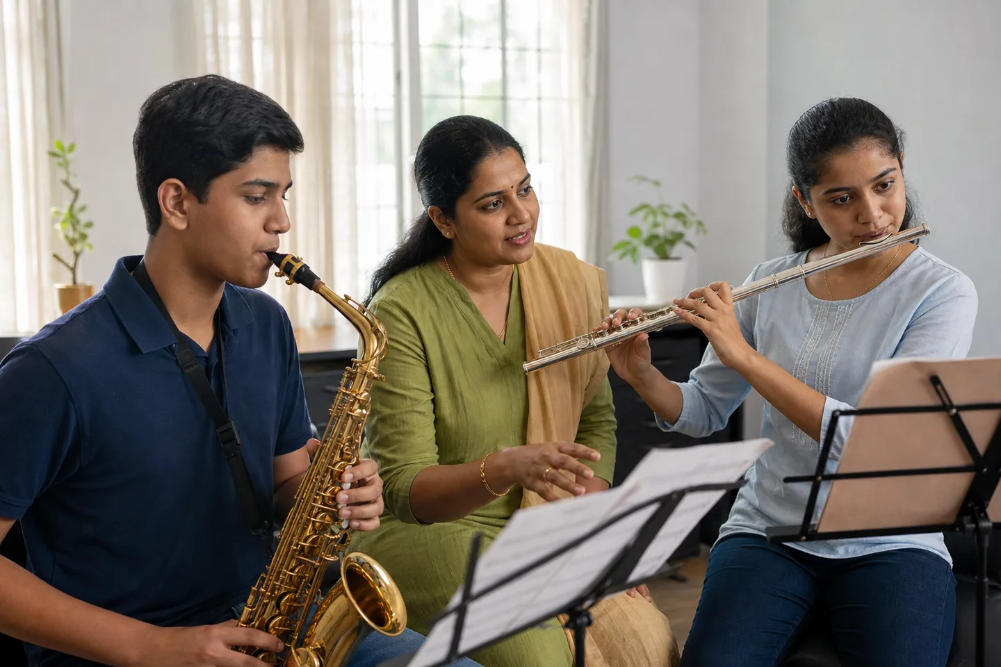 Indian teens learning saxophone and flute together