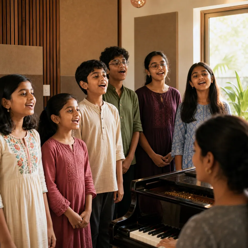 Indian children and teenagers singing together in rehearsal