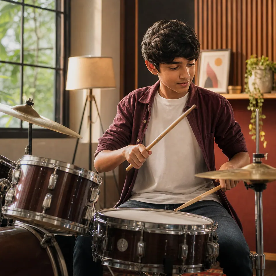 Indian teenage boy playing drums in a studio