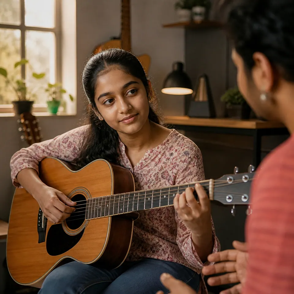Indian teenage girl learning acoustic guitar