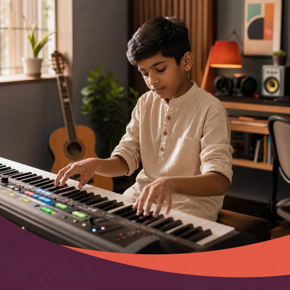 Indian boy exploring an electronic keyboard