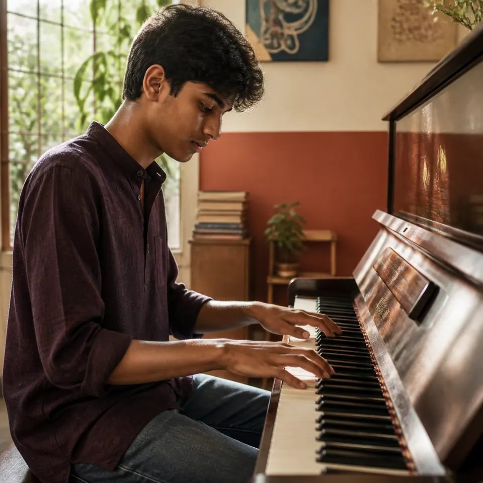 Indian teenager playing piano in a warm studio