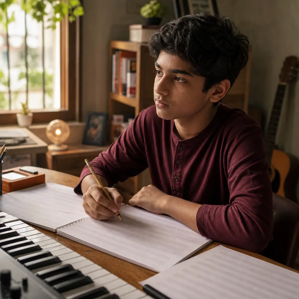 Indian teenager studying rhythm and music notation