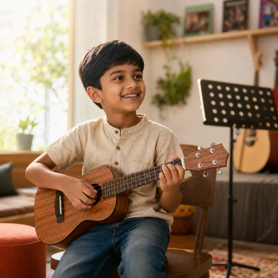 Indian child playing a ukulele in a bright studio