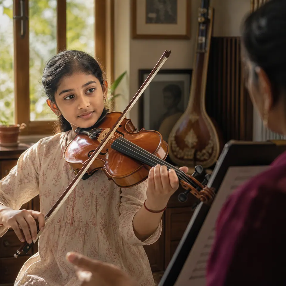 Indian child learning violin in a warm rehearsal room