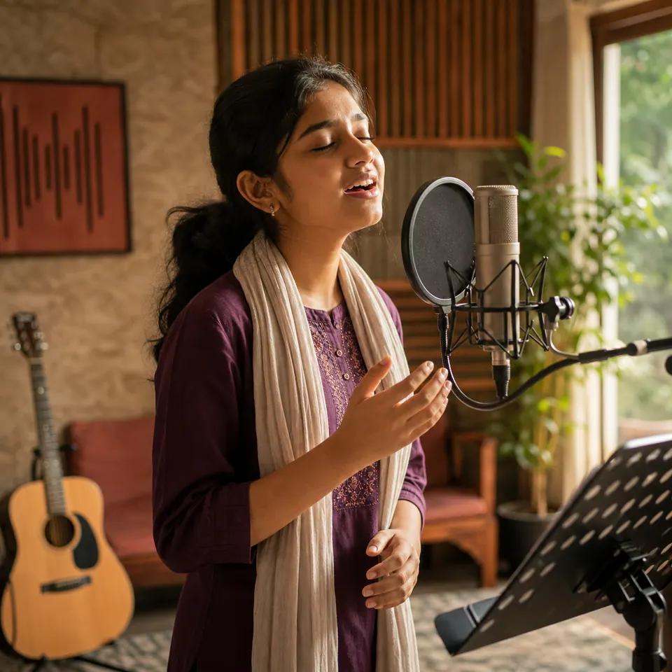 Indian teenage girl singing into a studio microphone